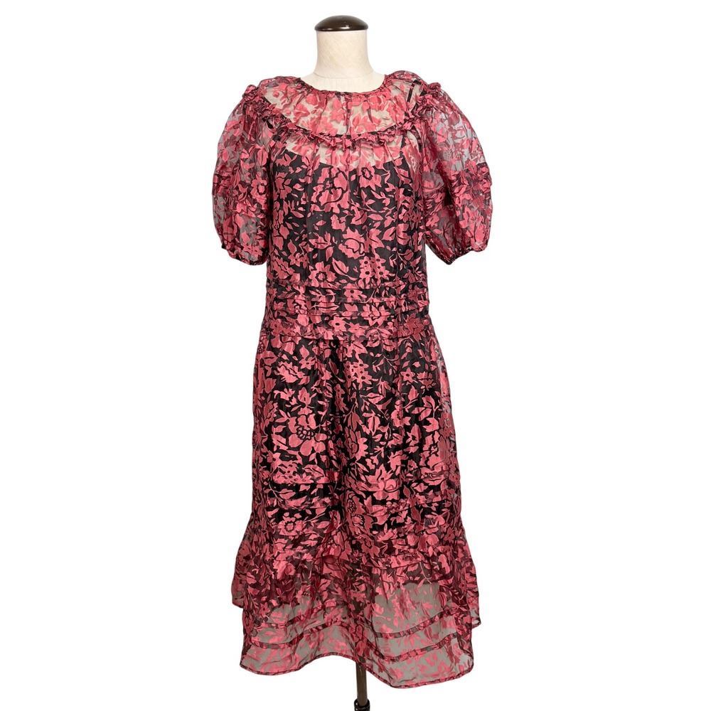 Current‎ Air Burgundy Black Floral Burnout Midi Dress Ruffle Puff Sleeve XS